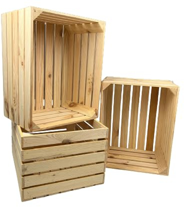 WOOD Holzkiste Groß - unbehandelt Naturholz Kiste im Vintage Stil - 50x40x30cm - 3er Set - Stapelbare Obstkisten für Aufbewahrung & Dekoration - Regalkisten für Wohnzimmer, Garten