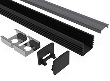 Tivendis Led Alu Profil 2 m AH2 schwarz Komplett Set für Strip/Streifen bis 12 mm breit | Abdeckung schwarz, Endkappen, Befestigungclips | U-Form Aufputz Deckenleiste Wandprofil pulverbeschichtet