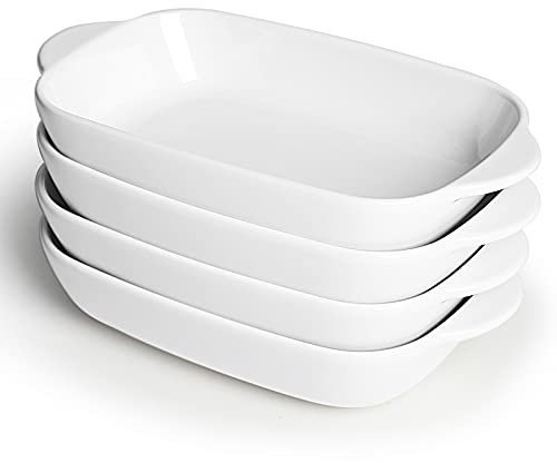 LEETOYI Ceramic Small Baking Dish 7.5-Inch Set of 4, Rectangular Bakeware with Double Handle, Baking Pans for Cooking and Cake Dinner (White)