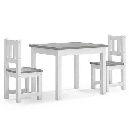vidaXL Barnbord och stolar 3 delar vit och grå MDF, bord och stolar för barn, barnbordset, aktivitetsbord, barnmöbler, ritbord, lekbord