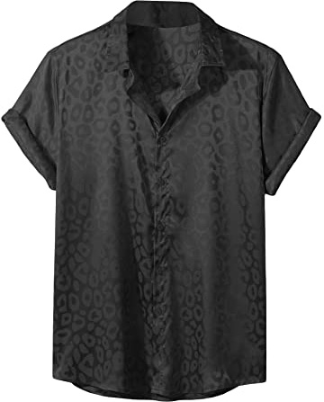 Verdusa Men's Satin Button Down Lapel Collar Leopard Print Short Sleeve Shirt Black M