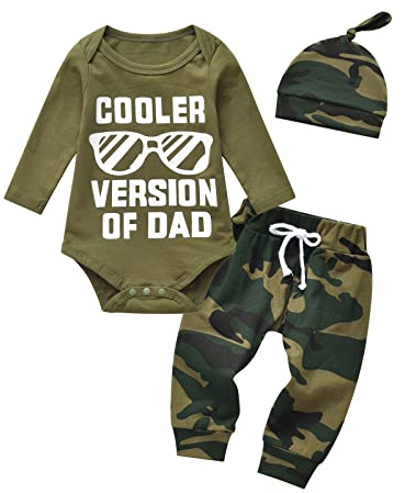 Tearfuty Neugeborenes Baby Junge Kleidung Lange Ärmel Strampler Camouflage Lange Hose + Mütze Outfits 3er Set Grün（3-6 Monate）