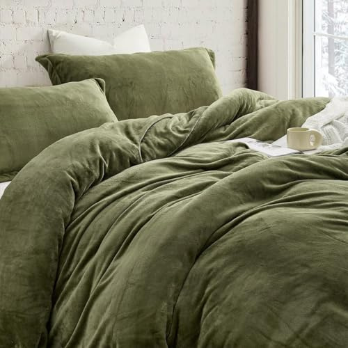 Lanqinglv Plüsch Bettwäsche Set 200x220 cm Flauschig Biber Warme Coral Fleece Flanell Olivgrün Grün Winterbettwäsche Cashmere Touch mit Reißverschluss und 2 Kissenbezug 80x80 cm