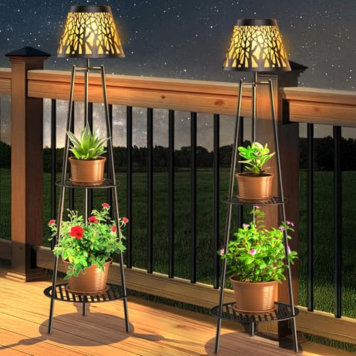 2 Pack Outdoor Solar Floor Lamp with Plant Stand, Waterproof Metal Garden Lights with 2-Tier Shelves, Decorative LED Cordless Patio Lamp for Porch, Deck, Balcony, Yard & Corner Decor (Bronze)