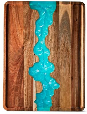 Plateau en bois d'acacia avec accents en résine bleue, 40,6 cm – Plateau de service décoratif pour petit déjeuner au lit, déjeuner, dîner, collations, patio, ottoman, table basse, centre de table –