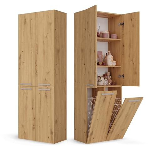 CDF Badezimmerschrank Bad Schrank Mit Wäschekorb Eiche Artisan Badschrank | Mehrzweckschrank Badregal Stehend Hochschrank Schublade Tür Bodenschrank Allzweckschrank 2 Wäschekorb 174 x 60 x 30
