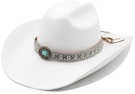 NOAMED Fengyan Hats Neue Wollhut Western Cowboyhut Herren und Damen Perlenband Blet Hut 9,5 cm große Krempe gekräuselter Filzhut, weiß, 6 7/8 / 7 1/4