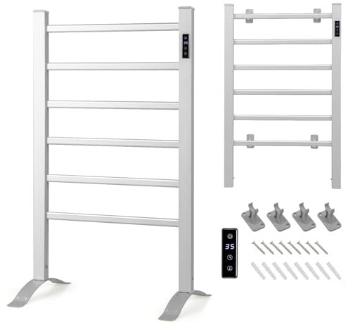 GYMAX Scaldasalviette Elettrico, Porta Asciugamani in Alluminio, Riscalda 30-60 °C, Timer, 2 in 1 in Piedi & a Parete, con Accessori a Parete
