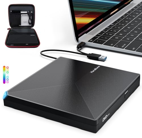 PeroBuno Unità CD DVD Esterne, USB 3.0 e Tipo C Masterizzatore CD Esterno, CD/DVD -/+RW Lettore CD DVD Esterno per PC Laptop Desktop iMac MacBook Pro/Air Windows 11/10/8/7/XP Linux Mac OS con Custodia