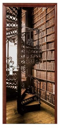 A.Monamour Türtapete Selbstklebend Türfolie Türposter 3D Bücherregal Büchern Und Wendeltreppe In Einer Alten Bibliothek Vinyl Folie Türdeko Tapete Wandbild Wanddeko Türaufkleber Türtattoo 85 x 215cm