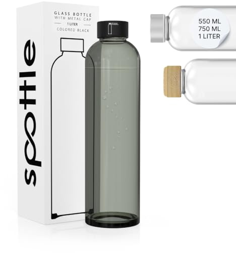 spottle Botella de vidrio 500 ml / 750 ml / 1 litro – sin BPA, apta para lavavajillas, a prueba de fugas – ideal para agua, oficina, escuela o deporte (Negro teñido/tapa de metal, 1000 ml)