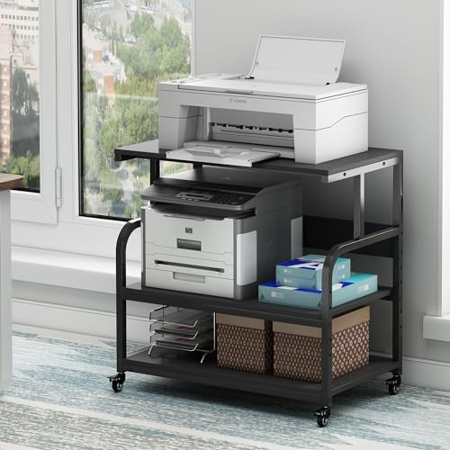 Fannova 32.3 x 18.9 Extra Large Printer Stand Table with Adjustable Storage Shelf, 3 Tier Rolling Printer Cart with Industrial Wheels for Home Office, Black