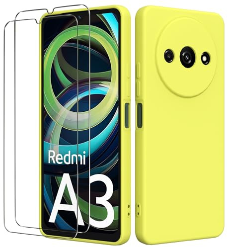 binandteam Funda para Xiaomi Redmi A3 4G con 2 Protector de Pantalla,Ultra Slim Protectora Carcasa de Silicona Líquida TPU Anti-Choque Suave Case Cover - Amarillo