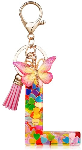 OSDUE Fashion Alphabet Initial Letter Keychain, Women Tassel Butterfly Pink Purple Cute Car Keyrin, Pink and Gold Resin Alphabet Keychain, Tassel Butterfly Pendant Key Ring for Wallet (L)