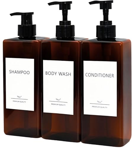 Schampo- och balsamdispenserset, 3-pack påfyllningsbara schampo- och balsamflaskor med etiketter, 500 ml tvåldispenser 16,9 oz duschdispenser fyrkantig pumpflaska för badrum och kök - bärnsten