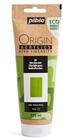 Pebeo - Origin Acrylics 120 ml - Peinture Acrylique Éco-Conçue - Haute Viscosité - Finition Mate - Liant 100% Recyclé - 96% de Matières Premières d’Origine Européenne - Vert Olive Clair