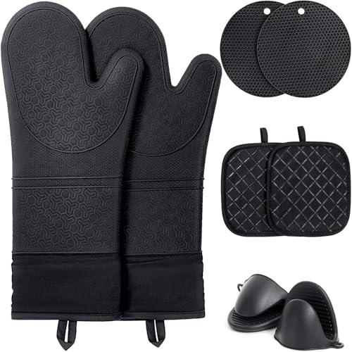 Funnydin 8PCS Oven Mitts and Pot Holders Sets - 480°F Heat Resistant Pot Holders and Oven Mitts, 14.5 Extra Long Silicone Oven Mitts for Cooking, Non-Slip Oven Mitt with Soft Cotton Lining, Black