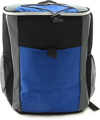 Kühlrucksack | 20 Liter | leicht und geräumig | Farbe blau mit grau und schwarz | 2 Seitentaschen, Fronttasche, Aufbewahrungstasche mit elastischem Kordelzug, verstellbare Träger