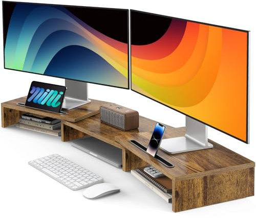 AMERIERGO Dual-Monitor-Ständer-Erhöhung - 3-Regal-Bildschirmständer mit verstellbarer Länge und Winkel, 2 zusätzliche funktionale Schlitze Desktop-Organizer-Ständer für PC, Computer, Laptop (Rustic