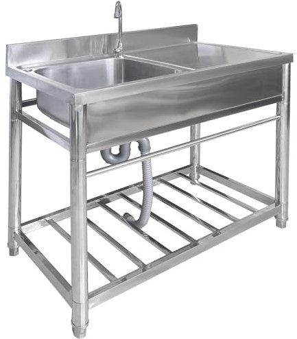 Stainless Outdoor Single Bowl Sink,Outdoor Kitchen Units Garden Kitchen Sink, with Drainer Unit and Tap, Shelf, for Restaurant, Kitchen and Home