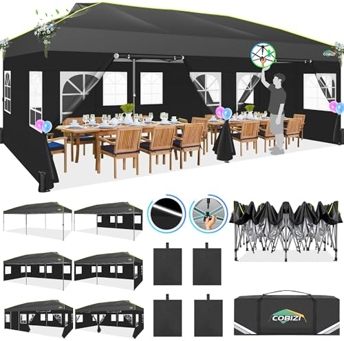 COBIZI Tonnelle Pliante 3x6, Tonnelle de Jardin Exterieur, Imperméable Tente de Reception avec 6 Panneaux Latéraux, Protection UV 50+, Tonnelle de Jardin pour Fêtes Commercial Mariage,Noir