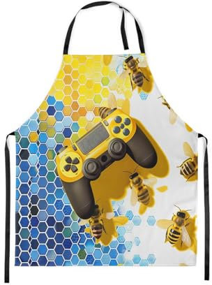 Loussiesd Gelber Gamer Schürze für Köche Geschenke für Jugendliche Wasserdicht Küchenschürze Waben Grillschürzen Spiel Kochschürze BienenstockZum Küche, Backen, Garten, Grill