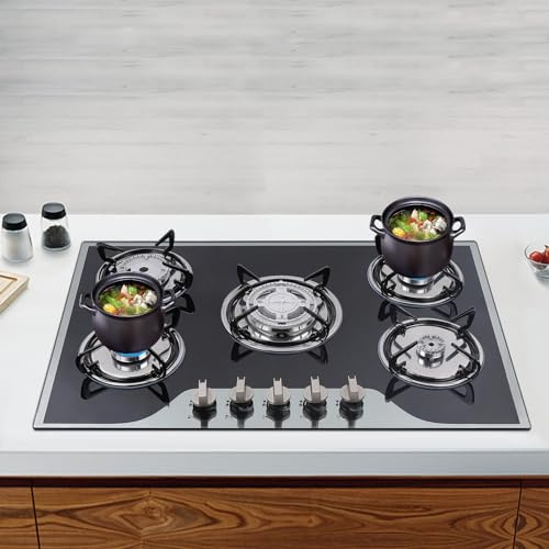 Gaskochfeld 5 Flammig, DSYOGX Einbau LPG/NG Gaskochfelder, 77cm Schwarz Glasherd, Automatische Batterie-Impuls-Zündung Glaskeramik Gasherd, für Zuhause, Restaurants, Hotels
