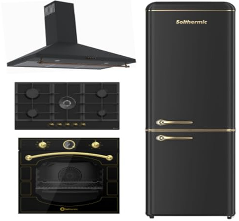 SOLTHERMIC PACK 4 EN 1 NEGRO RUSTICO ACABADOS DORADOS/CAMPANA DECORATIVA H90PR 90 CM, ENCIMERA DE GAS 90 CM BL041, HORNO Y COMBI 20 FCR188N 1,88 CM alto x 55 de ancho y 220L