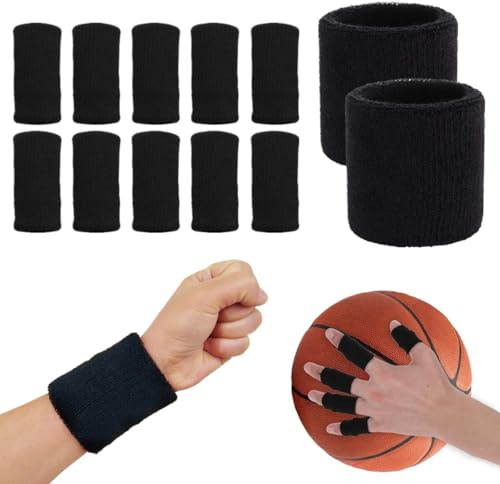 SamHeng Muñequera Deportiva y Protectores de Dedos, 2 Fitness Muñequera Banda de Sudor 10 Artritis Elástico Fundas de Compresión Protectores de Manga de Dedo para Baloncesto Tenis (Negro)