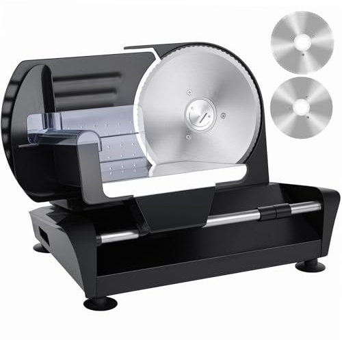 200W Meat Slicer Machine, Home Bread Slicer with 2 Removable Stainless Steel Blades, 0-20mm Adjustable Thickness, Non-Slip Electric Slicers for Meat, Cheese, Bread, Deli