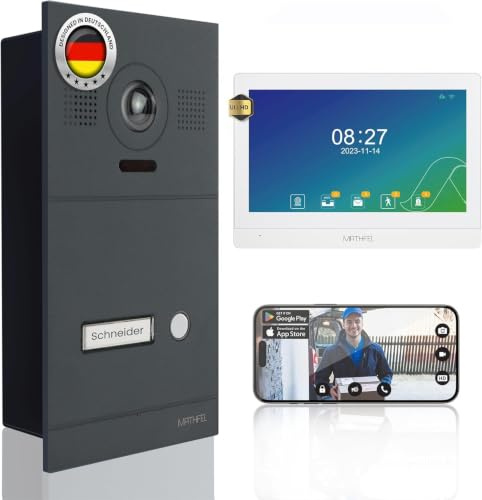 Mathfel 2-Draht IP Video-Türsprechanlage mit Türöffner – Full-HD Kamera, 10 Monitor & App-Steuerung – Smarte Video-Türklingel mit Gegensprechanlage (Anthrazit, 1 Klingeltaster)