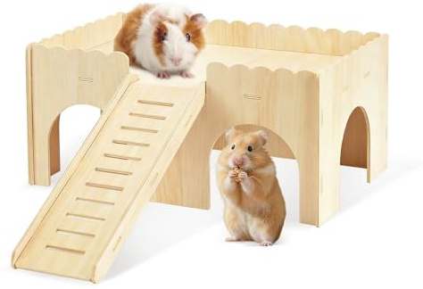 Wooden Guinea Pig House, Guinea Pig Hideout with Cave Stairs 38 x 25 x 18cm | Detachable Castle with Ramp, Small Animal Castle Habitat with 4 Entrances for Rat, Hamster, Hedgehog, Hiding and Playing