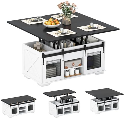 COSTWAY Couchtisch Höhenverstellbar, Wohnzimmertisch mit 2 Schiebetüren | offenen Regalen & 3 versteckten Fächern, Kaffeetisch umwandelbar in Esstisch, Sofatisch Holz für Wohnzimmer, 105 x 54 cm