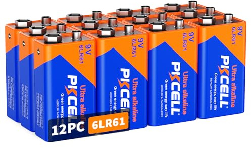 PKCELL 9V Batteries 6LR61 12-Pack for Smoke Alarm & Radio | 6LR61 alkaline batteries,Ideal for household devices: guitar pedals, medical equipment, Long-lasting.