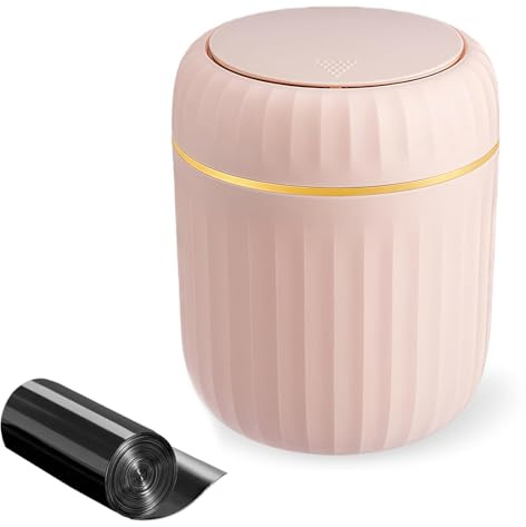 Mini Desktop Bin with Press Type Lid, 2.8L Small Bathroom Bin with Lid, Pink Desktop Trash, Plastic Waste Table Bin for Home, Office, Vanity Table Top, Bedroom with 1 Roll of Trash Bags - 13x13x16.5cm