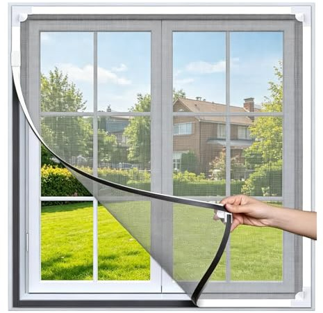 VETOLAKA 100 × 120 cm Rejilla magnética para ventanas: mosquitera de alta densidad de fibra de vidrio, marco de PVC, mosquitera para ventana, mosquitera ajustable, marco blanco, red negra
