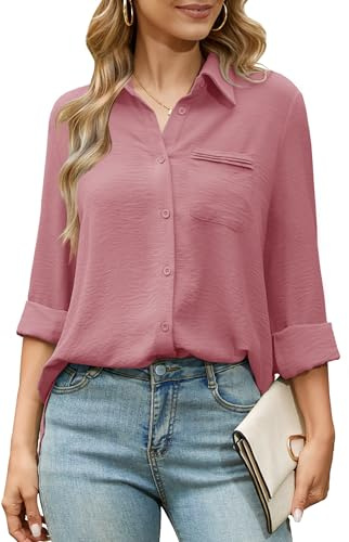 Odosalii Women's Button Down Shirts V Neck Long Sleeve Tops Smart Blouse | Be Made of Polyester/Easy Iron/Wrinkle Free/Cheesecloth/Flowy Drapy Relaxed/Versatile/Businesswomen/Teacher/Commuter