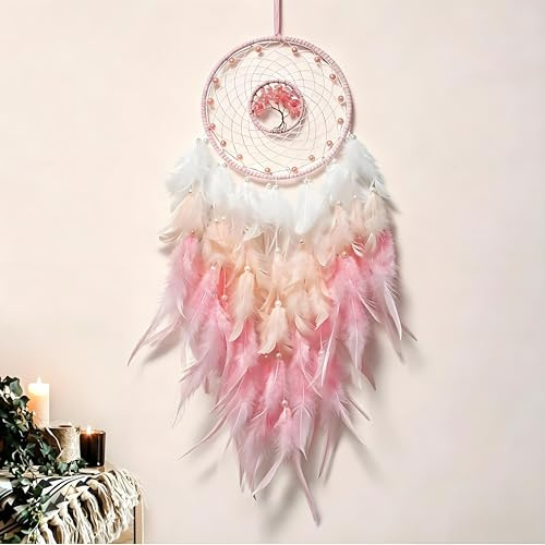 Groß Traumfänger 60 cm Boho Handgefertigter Baum des Lebens Traumfänger | DiiWmme Dreamcatcher mit Federn Rosa Wanddekoration für Zuhause Wohnkultur Mädchenzimmer Deko Geschenkidee