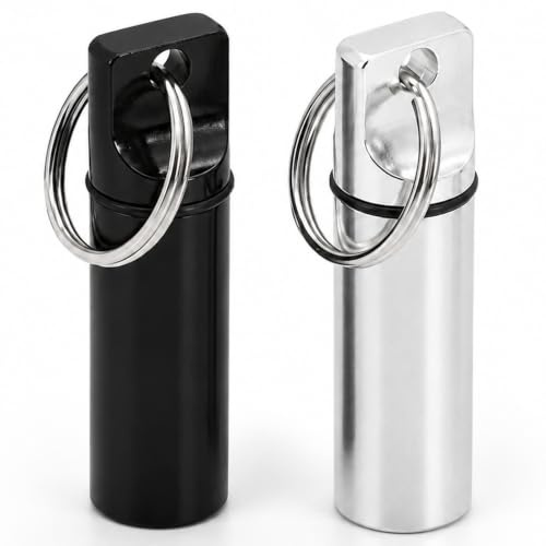 Aluminum Pill Box, 2 Pack Waterproof Keychain Storage Holder with Silent Screw-Top, Matte Black & Silver for for Camping, Travel, & Daily Use