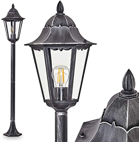 Lampada da esterno Lignac, lampada da terra in stile antico, in fusione di alluminio nero/argento con vetri, lampada da terra 118 cm, lampada da giardino retrò/vintage, E27, IP44, senza lampadina/e