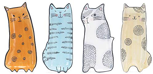 Bico Cartoon Cat Appetizer Plates Set of 4, Small Stoneware Ceramic Plates for Appetizer, Snacks, Sauce, Assorted Color, Microwave and Dishwasher Safe
