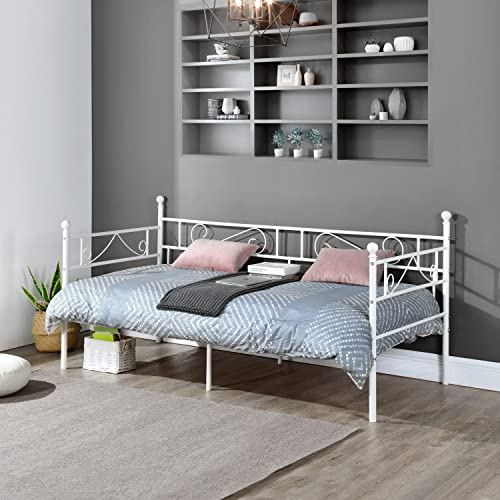 IPOTIUS Tagesbett Einzelbett Metallbett Bettgestell mit Lattenrost, Metall Schlafsofa Bettrahmen für Kinderzimmer Gästezimmer Schlafzimmer, Weiß