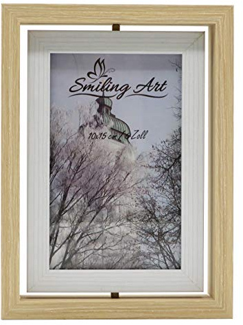 Smiling Art drehbarer Bilderrahmen, Doppelrahmen für 2 Fotos aus MDF Holz mit Glas in Querformat und Hochformat zum Aufstellen (Beige+Weiß, 10x15 cm)