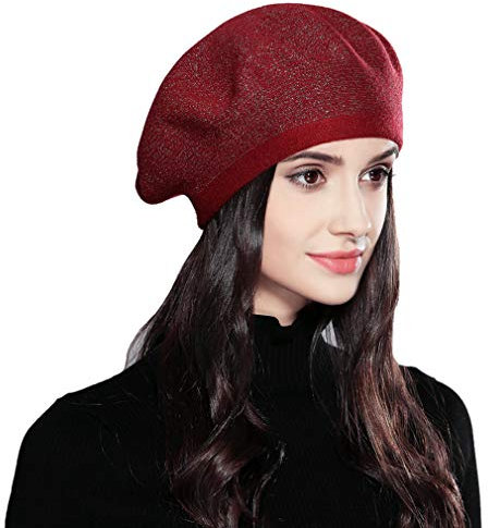 XINQIAO Damen Baskenmützen Stricken Kaschmir Nobel Strasssteine Mode Künstler Hüte(Wine Red)