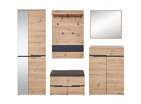 Stella Trading MEMPHIS Flurgarderoben Set in Artisan Eiche Optik, Graphit - Modernes Garderobenset 5-teilig für Ihren Eingangsbereich - 295 x 192 x 38 cm (B/H/T) | 295 x 192 x 38 cm (B/H/T), Flur-Set mit Schrank, Schuhkommode, Schuhbank, Paneel und Spiegel, viel Stauraum