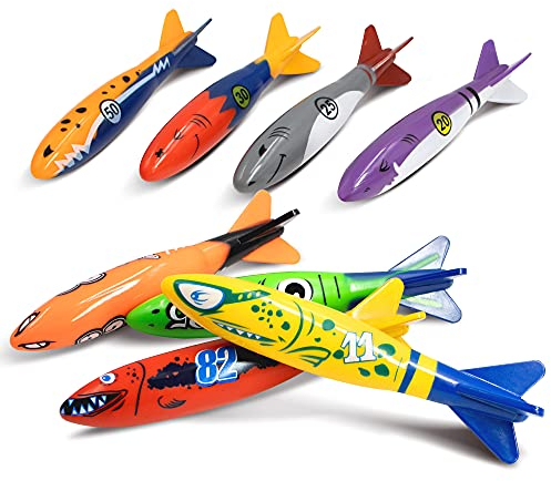 NOVELTY PLACE 8 Pcs Diving Toy Torpedo Bandits - Fun Swimming Pool Toy Game for Kids & Adults - Shark Design 8 Colors