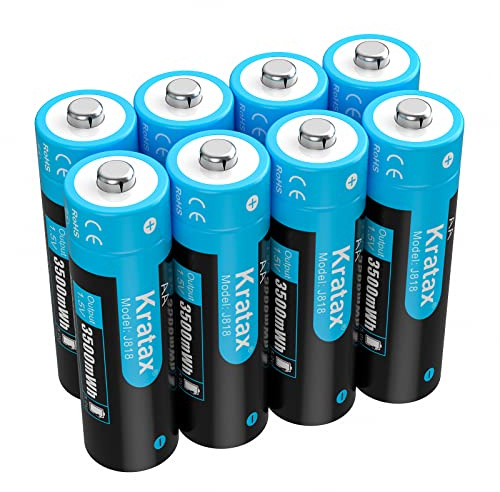 Kratax 1.5v Rechargeable AA Lithium Batteries 8 Pack 3500mWh 1.5 Volt li-ion Rechargeable AA Batteries, 1600 Cycles Long Lasting, Constant Voltage for Game Controller and Toy - Charger NOT Included