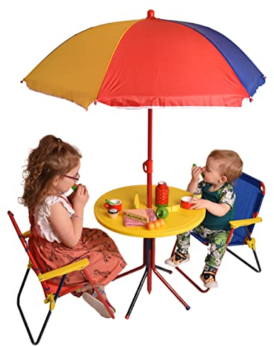 Relsy Kids Patio Set Multicoloured Outdoor Table And Chair Set - 2 X Folding Chair, Collapsible Picnic Table, Folding Umbrella - 4 Piece Garden Furniture Set For Children