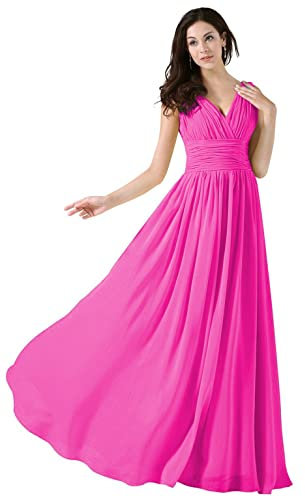 WTWVIAN Vestido de novia de dama de honor con cuello en V largo de gasa con volantes, fucsia, 38
