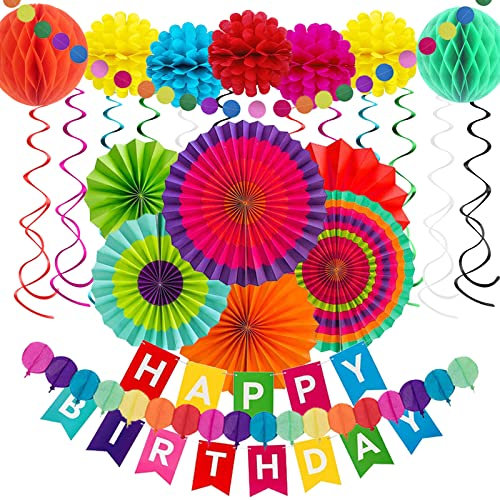 28 Pcs Birthday Decoration Kit - Colorful Happy Birthday Banner, Paper Fans, Pompoms, Rainbow Party Decorations, Hanging Swirls, Paper Garland for Wedding, Mexican Party Decor